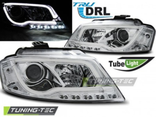 PŘEDNÍ SVĚTLA AUDI A3, 2008-2012, TUBE LIGHT, LED, CHROM + DENNÍ SVÍCENÍ