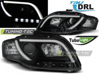 PŘEDNÍ SVĚTLOMETY AUDI A4 B7, 2005-2008, TUBE LIGHT, LED, ČERNÉ BLACK + DENNÍ SVÍCENÍ 