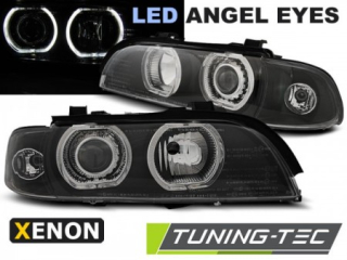 PŘEDNÍ SVĚTLOMETY, LAMPY BMW E39, 1995-2003, ANGEL EYES LED, XENON BLACK ČERNÉ
