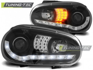 PŘEDNÍ SVĚTLOMETY, SVĚTLA, LAMPY VOLKSWAGEN GOLF 4, 1998-2003, LED DAYLIGHT, ČERNÉ BLACK 2+ LED BLINKR