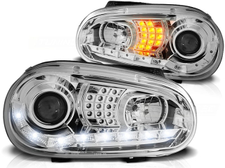 Přední světla Volkswagen Golf 4, 1998-2003, LED Daylight, chrom 2+ LED blinkr