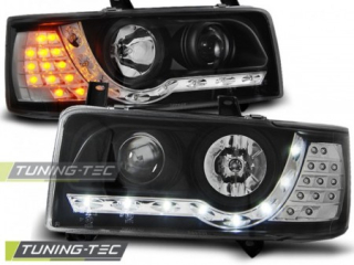 PŘEDNÍ SVĚTLOMETY, SVĚTLA, LAMPY VOLKSWAGEN T4, 1990-2003, LED DAYLIGHT, ČERNÉ BLACK + LED BLINKR