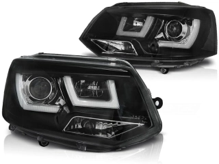 PŘEDNÍ SVĚTLOMETY, SVĚTLA, LAMPY VW T5, REFLEKTORY VOLKSWAGEN T5, 2010-, U-TYPE LED, DRL, ČERNÉ BLACK,