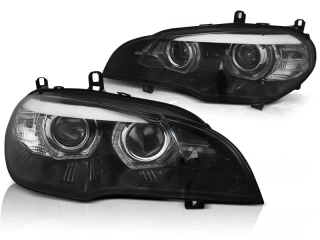 Přední LED světla BMW X5 E70 (2007–2010) – Černá, 3D Angel Eyes DRL s podporou AFS (pro Xenon)