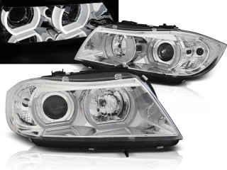 PŘEDNÍ SVĚTLA 3D LED ANGEL EYES BMW E90,E91 2005-2008 CHROMOVÁ
