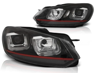 PŘEDNÍ SVĚTLA U-LED DENNÍMI SVĚTLY VW GOLF 6 08-12 ČERNÉ - ČERVENÉ