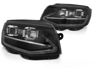 Přední čirá světla VW T6 2015–2019 černé – Tube Light vzhled s DRL a běžícím blinkrem – Pár