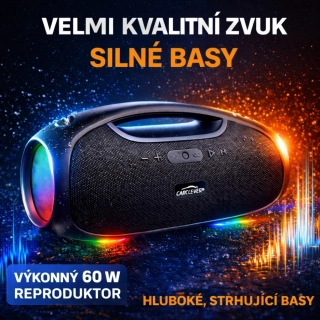 Bezdrátový Bluetooth reproduktor/přehrávač, voděodolný IPX6, USB, AUX, MIC, RGB
