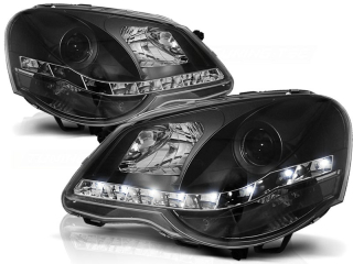PŘEDNÍ SVĚTLOMETY, SVĚTLA, LAMPY VOLKSWAGEN POLO 9N3, 2005-2009, LED DAYLIGHT, ČERNÉ BLACK