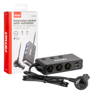 Rozbočovač do auta 3x | 2x USB 4.8A | 1x USB QC3.0 | 1x USB-C, voltmetr, AMIO