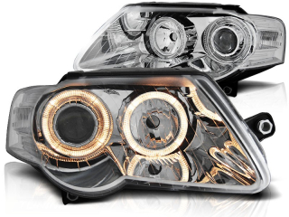 Přední světla Volkswagen Passat 3C, 2005-2010, Angel Eyes, chrom
