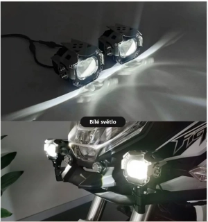 LED světla s čočkou na motocykl (přídavná a hlavní)