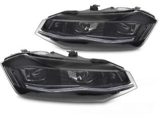 Přední LED světlomety pro VW Polo 2G / AW1 (2017–2021) se stříbrnou lištou, sekvenčním blinkrem a DRL – Pár