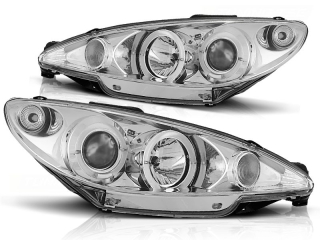 Přední světla Peugeot 206, 2002-2007, Angel Eyes, chrom