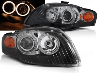 Přední světlomety Audi A4 B7, 2004-2008, Angel Eyes, černé black s motorky