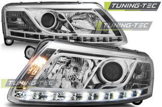 PŘEDNÍ SVĚTLA AUDI A6, 2004-2008, LED DAYLIGHT XENON D2S, CHROM S HOMOLOGACÍ LED PÁSKU