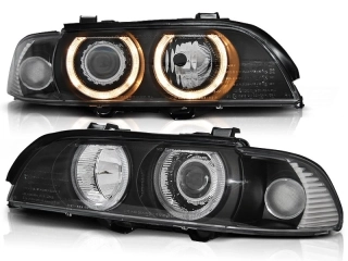 Přední světlomety BMW E39, 1995-2003, Angel Eyes, černé black, elektrické s motorky