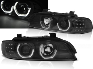PŘEDNÍ SVĚTLOMETY, SVĚTLA, LAMPY BMW E39, 1995-2003, ANGEL EYES, ČERNÉ BLACK, S LED BLINKREM, MANUÁL