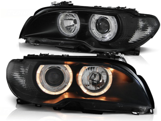 PŘEDNÍ SVĚTLOMETY BMW E46 COUPE CABRIO, 2003-2006, ANGEL EYES, ČERNÉ BLACK, S MOTORKY