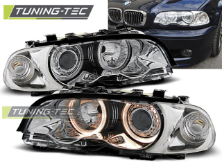 PŘEDNÍ SVĚTLA BMW E46 COUPE CABRIO, 1999-2001, ANGEL EYES, CHROM, PŘÍPRAVA PRO MOTORKY