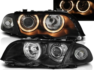 Přední světla BMW E46 Sedan Touring, 1998-2001, Angel Eyes, dělené, černé black, s motorky LPBM41
