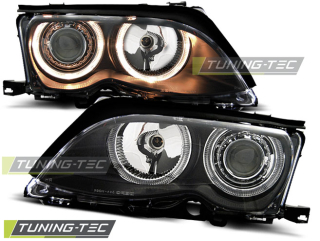 PŘEDNÍ SVĚTLOMETY BMW E46, 2001-2005, ANGEL EYES, ČERNÉ BLACK, S MOTORKY