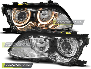 Přední světla BMW E46, 2001-2005, sedan, touring Angel Eyes, chrom, s motorky