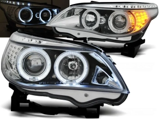 PŘEDNÍ SVĚTLA BMW E60, E61, 2004-2007, ANGEL EYES, CHROM S LED BLINKREM, S MOTORKY 
