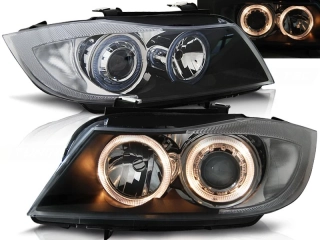 Přední světla BMW E90, E91 2005-2008 s Angel Eyes - černé H7