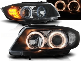 PŘEDNÍ SVĚTLOMETY BMW E90, E91, 2005-2008, ANGEL EYES, ČERNÉ BLACK, S LED BLINKREM, S MOTORKY