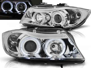 Přední světla BMW E90, E91 03.05-08.08, Angel Eyes - chrom H7+H1