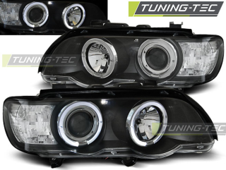 PŘEDNÍ SVĚTLOMETY LAMPY BMW X5 E53, 1999-2003, ANGEL EYES, ČERNÉ BLACK, S MOTORKY