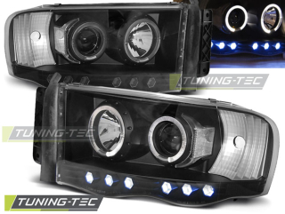 PŘEDNÍ SVĚTLA DODGE RAM, 2002-2006, ANGEL EYES, ČERNÉ BLACK + DIODY